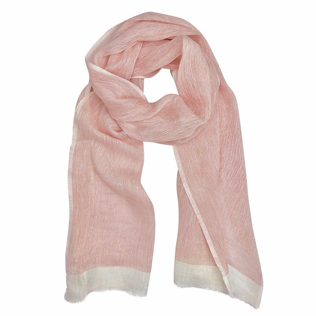 Linen Gauze Two-Tone Scarf Lightweight Handwoven Eyelash Fringe White Stripe